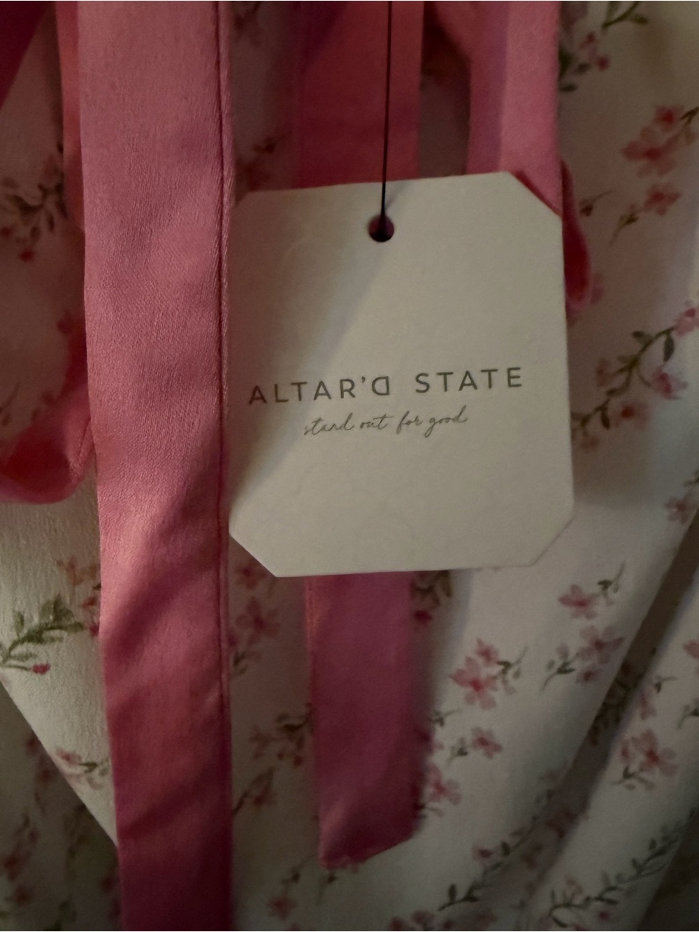 Altar'd State White Mini Dress with Pink Floral Print and Pink Ribbon - Picture 3 of 4